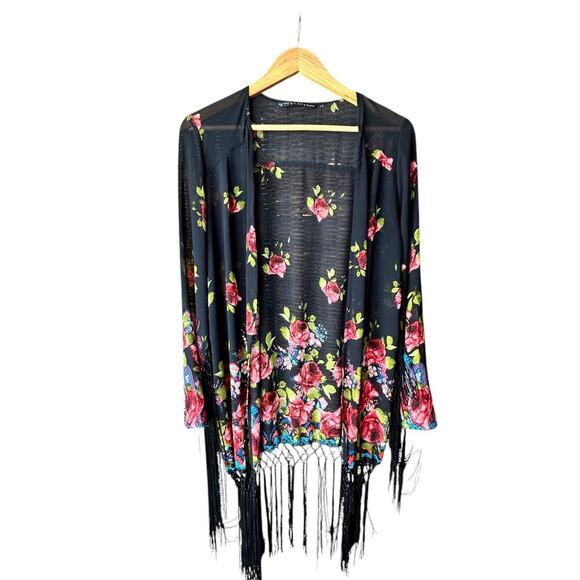 ZARA x Womens Black Floral Fringe Jacket Kimono Sz Large/Oversized - Picture 1 of 4